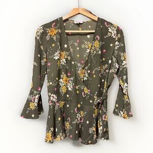 CANDIES floral wrap front tie waist peplum bell sleeve semi sheer top Y2K size M